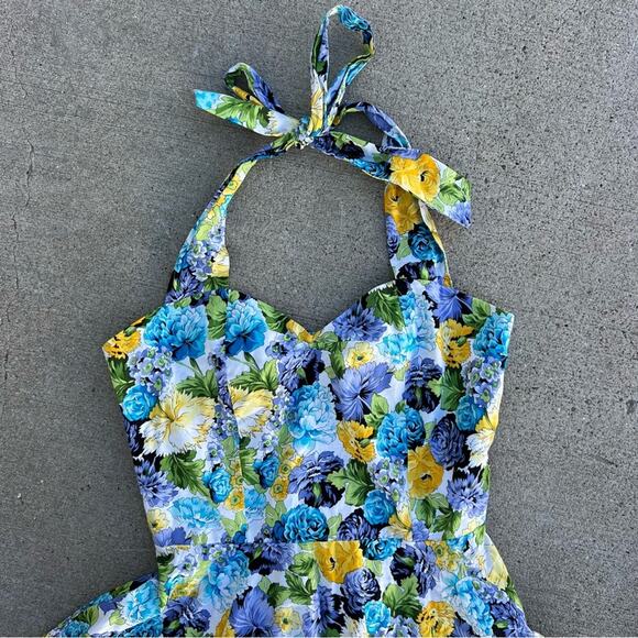 Ensnovo 50s Pinup Style Pansy Floral Garden Party Halter Tie Dress MEDIUM - Picture 6 of 7